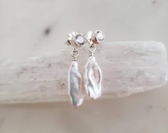 Dainty pearl stud earrings, CZ studs, Cubic Zirconia drop earrings, Pearl earrings for bride