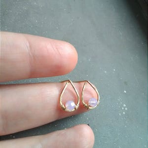 Tiny pink opal stud earrings, small gold stud earrings, gold teardrop stud earrings, teardrop opal earrings, delicate gold stud earrings image 4