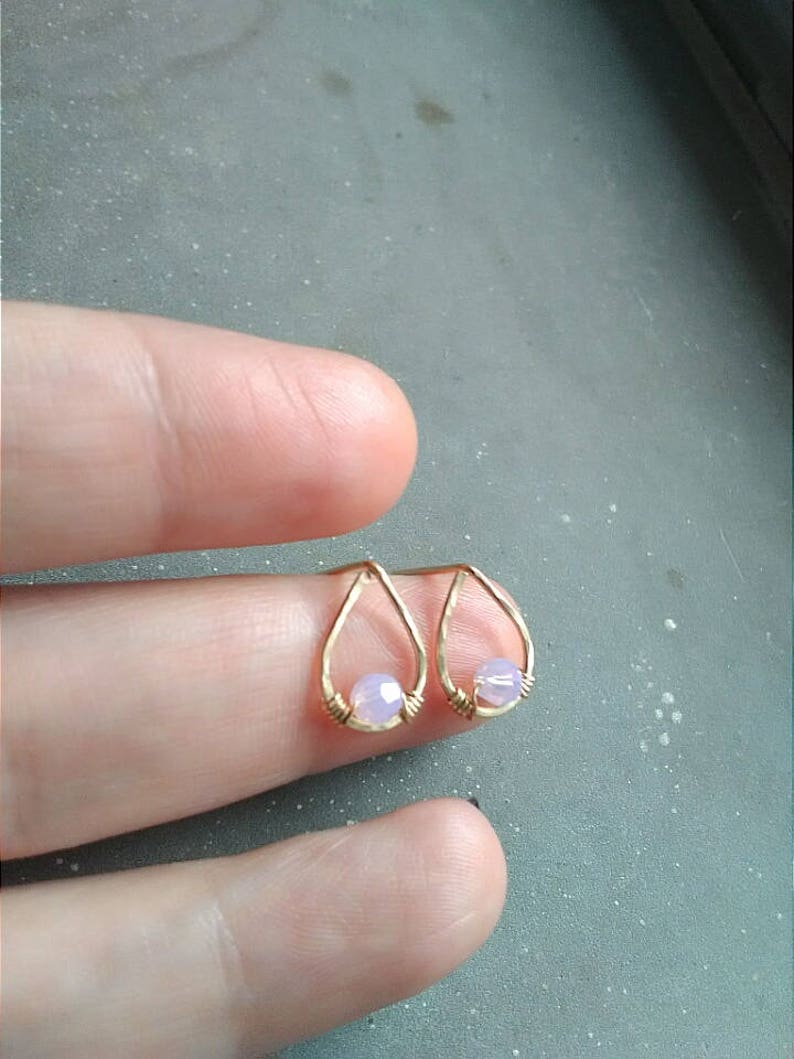 Tiny pink opal stud earrings, small gold stud earrings, gold teardrop stud earrings, teardrop opal earrings, delicate gold stud earrings image 4
