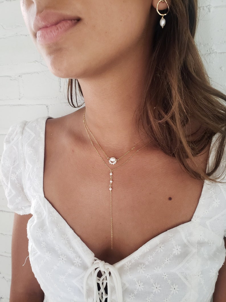 Pearl lariat necklace, bridal necklace, gold layered necklace set, vintage style pearl necklace, dainty necklace, pearl necklace set image 2