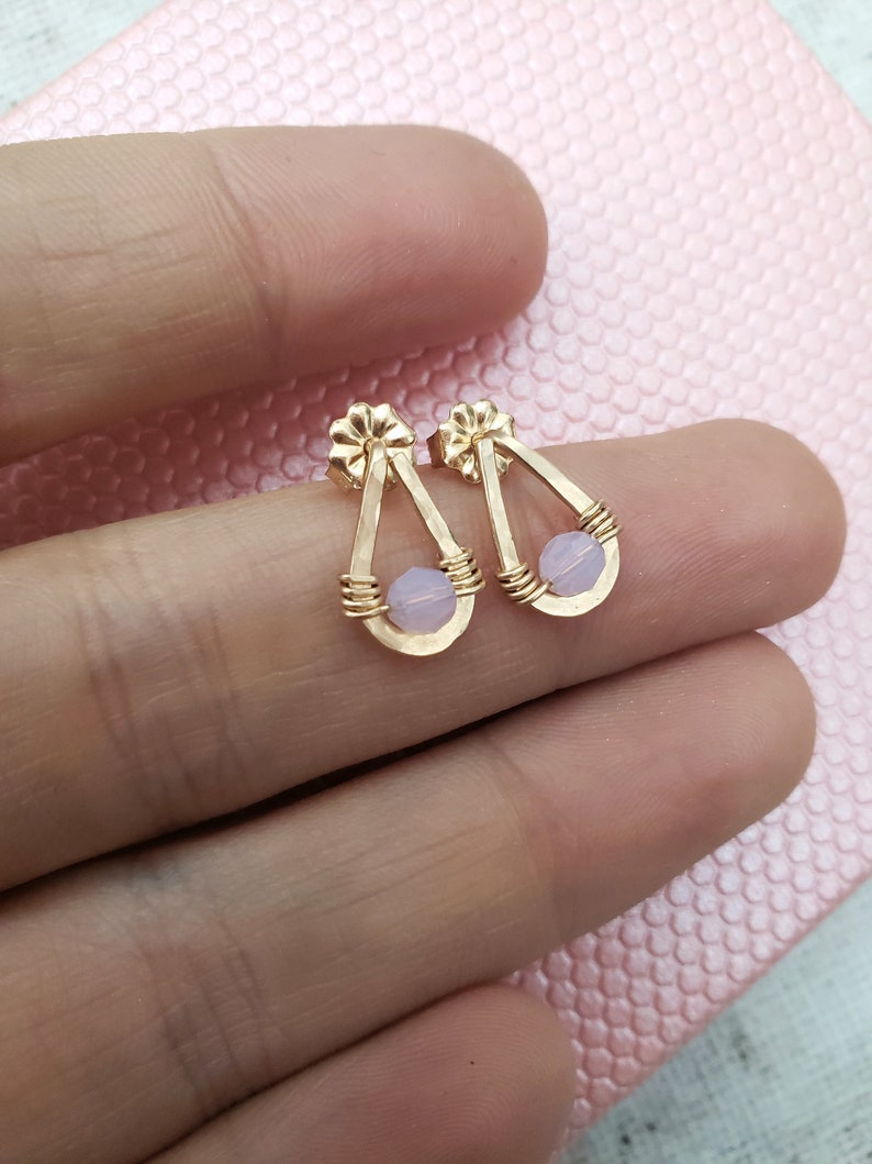 Tiny pink opal stud earrings, small gold stud earrings, gold teardrop stud earrings, teardrop opal earrings, delicate gold stud earrings 14k gold fill