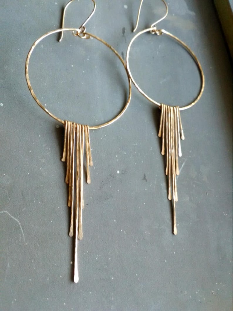 Gold Fringe Hoop Earrings Boho Fringe Hoops Hammered Fringe Etsy