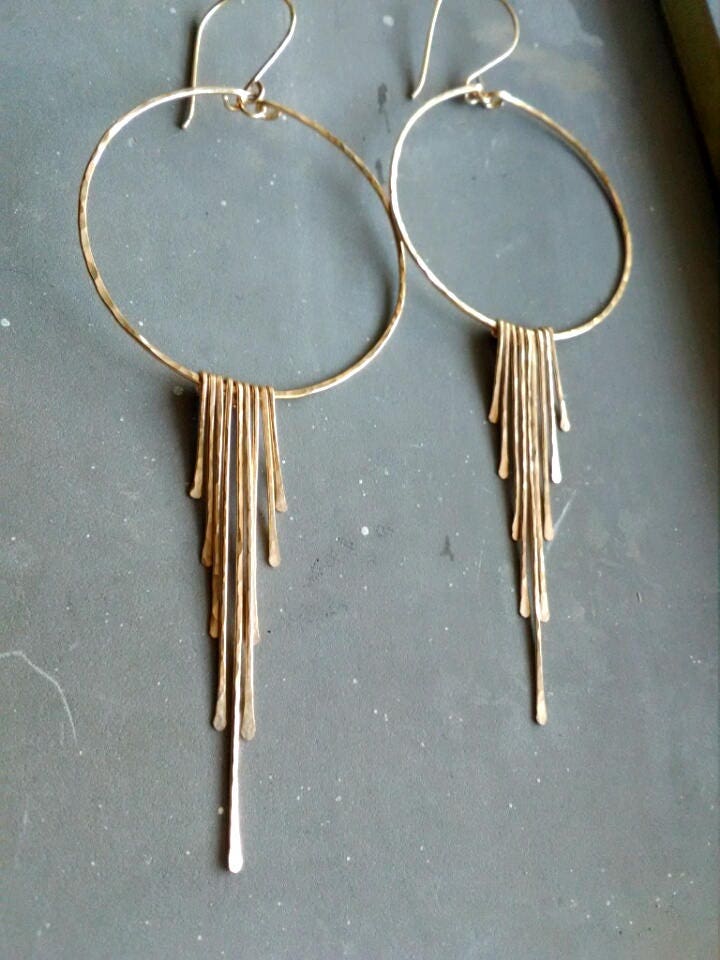 Gold Fringe Hoop Earrings, Boho Fringe Hoops, Hammered Fringe Earrings ...