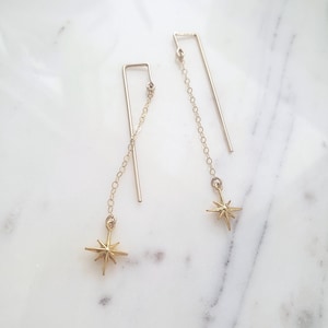 Gold Polaris threaders, star chain threaders, delicate starburst threaded earrings, wire chain threaders, dainty gold earrings