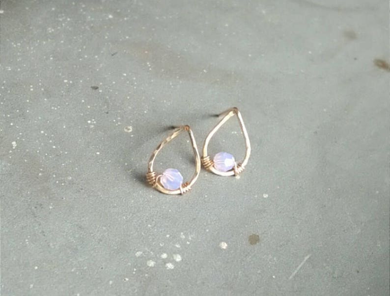 Tiny pink opal stud earrings, small gold stud earrings, gold teardrop stud earrings, teardrop opal earrings, delicate gold stud earrings image 3