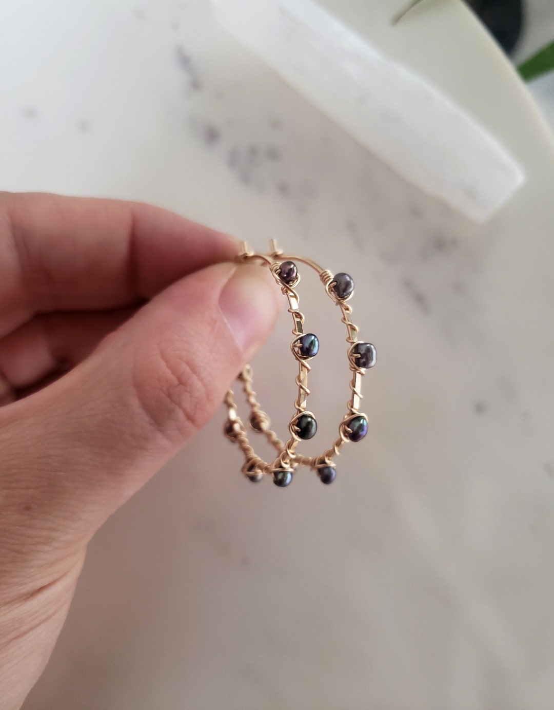 Black Pearl Hoop Earrings, Wire Wrapped Hoops, Boho Pearl Hoops, Beachy