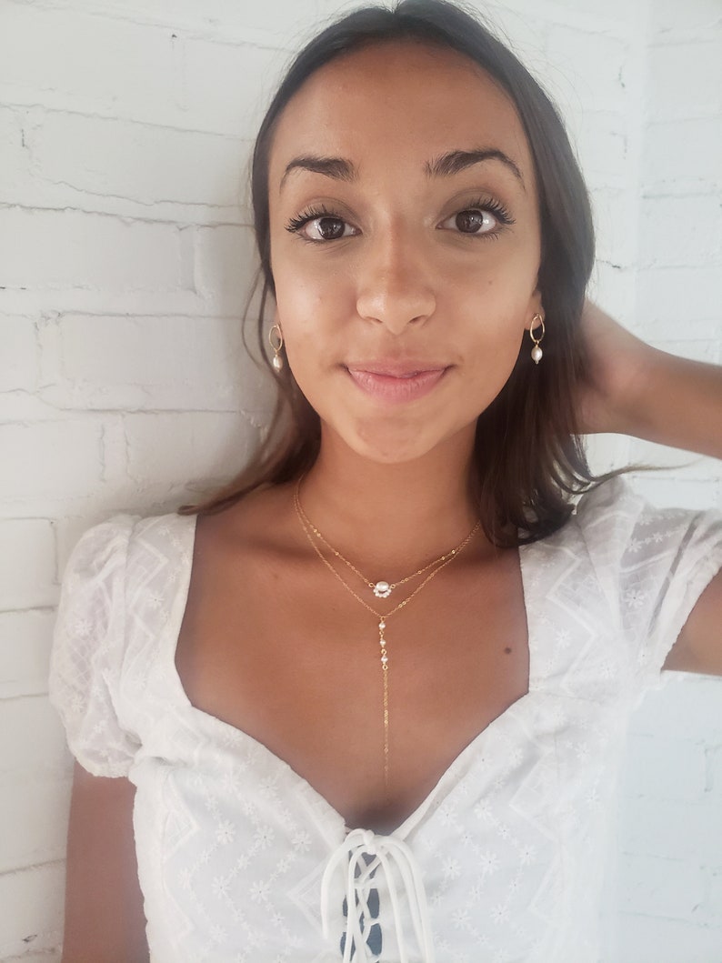 Pearl lariat necklace, bridal necklace, gold layered necklace set, vintage style pearl necklace, dainty necklace, pearl necklace set image 3