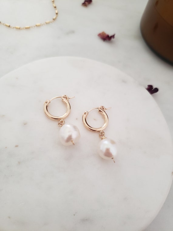 Pearl Drop Huggie Earrings, Gold Huggie Hoop Earrings, Small Gold
