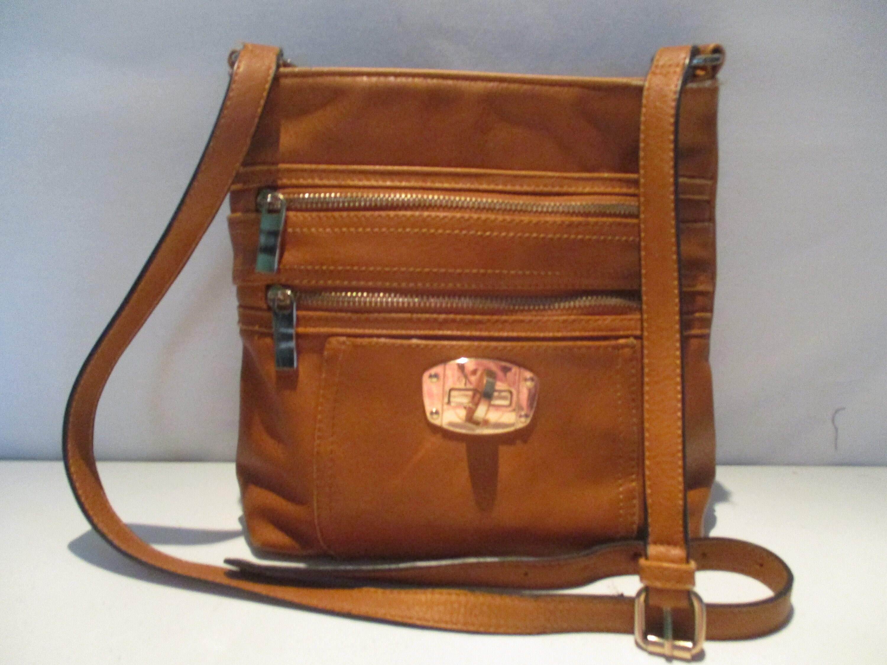 BROWN LEATHER Shoulder Bag with Three Zipper Pockets Etsy