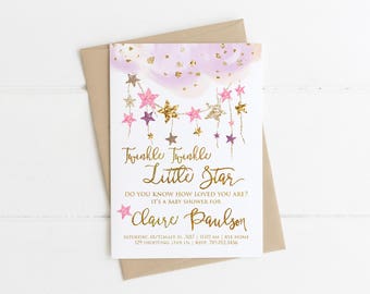 Twinkle Twinkle Little Star Baby Shower Invitations, Do You Know How Loved You Are, Girl Pink & Gold Invite Printable, Wish on a Star