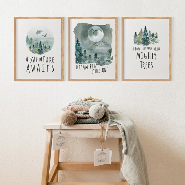 Adventure Nursery Wall Art Set, Green Forest Mountain Adventure Awaits Boy Nursery Decor | Dream Big