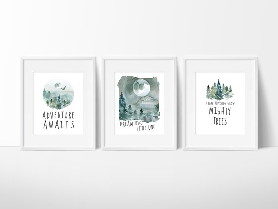 Adventure Nursery Wall Art Set Green Forest Mountain Etsy