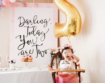 Darling, Today You are Two Birthday Decor, Party Decorations, 2nd Bday Photo Shoot Prop, Quote, Black & White, Second Birthday Ideas