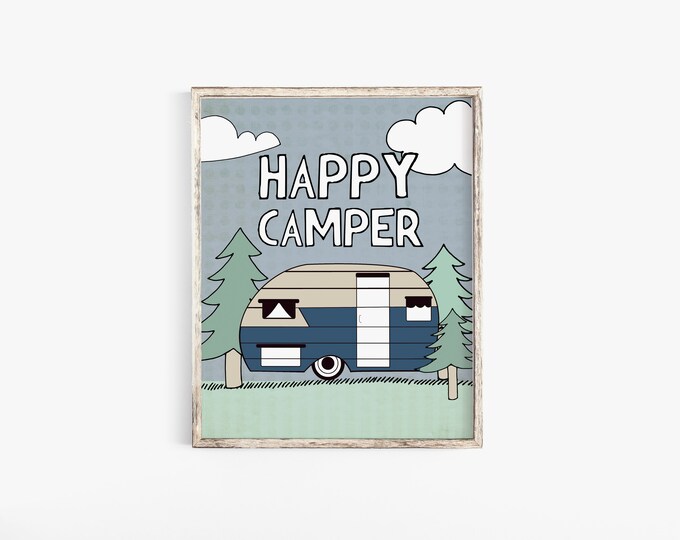 Happy Camper Nursery Wall Art Printable, Navy & Mint Camping Adventure Baby Shower Decor, Forest
