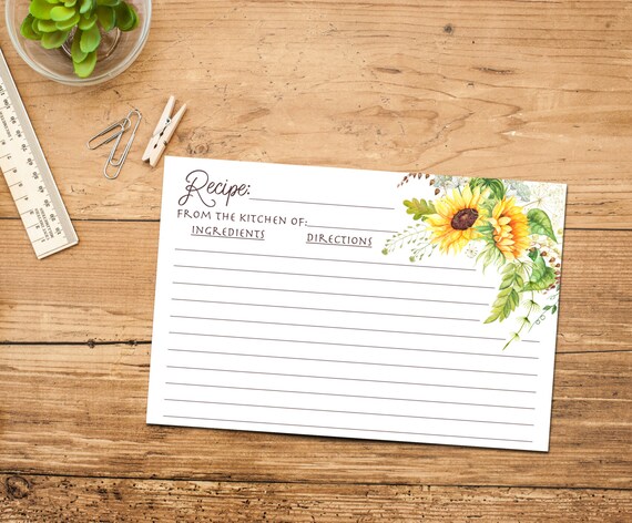 Sunflower Recipe Card Printable Instant Download DIY Bridal Shower Floral Kitchen Cook Book Watercolor Fall Wedding Matching