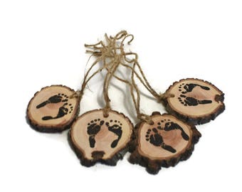 New Baby Feet print favor tags, Woodland Baby shower footprint, 10 Rustic baby feet hang tags, baby shower decorations