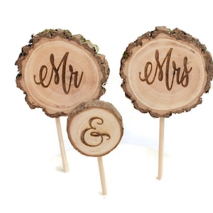 Rustic Wedding Cake Topper Set - Chic Calligraphy Mr and Mrs & Fall Woodland Decorations