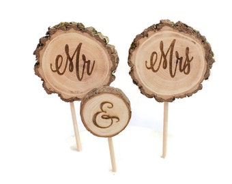 Rustic Wedding Cake Topper Set - Chic Calligraphy Mr and Mrs & Fall Woodland Decorations