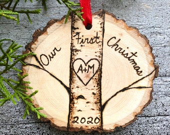 Our First Christmas wood burned ornament Personalized Custom