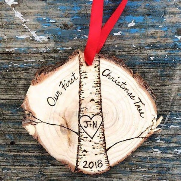 Our First Christmas Tree wood burned ornament wood slice