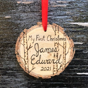 Personalized Baby&#39;s First Christmas Wood Burned Ornament Custom