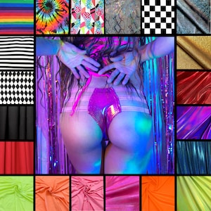 May include: A collage of fabric swatches featuring various patterns and colors, including rainbow stripes, tie-dye, pineapples, snakeskin, checkerboard, and solid metallic or neon hues, surrounding a central image of pink metallic underwear.