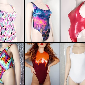 Galaxy Print One Piece 80s Bodysuit High Cut Thong Lingerie Bodysuit Exotic Dancewear Circus Bodysuit High Leg Leotard Stripper One Piece