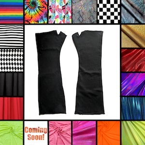 May include: A pair of solid black fingerless gloves with a thumb hole, displayed centrally against a white background surrounded by a grid of various fabric swatches, including patterns like rainbow stripes, tie-dye, pineapples, and checkered prints.