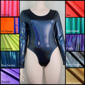 Metallic 80s Cut Bodysuit Long Sleeved Leotard High Cut Thong Iridescent Leotard Festival One Piece Metallic Black Twinkle Gold Sparkle