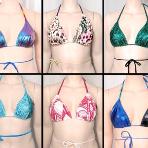 Bitty Triangle Bikini Top Festival Halter Top Oil Slick Bikini Top Stripper Tops Mermaid Bikini Rave Top Upcycled Top Metallic Tie Top