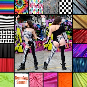 May include: A collage of fabric swatches and two people wearing black and white checkered outfits. The outfits include a one-shoulder top, leggings, and arm warmers. The fabric swatches include rainbow, tie-dye, pineapple, and snake skin patterns, as well as solid colours.