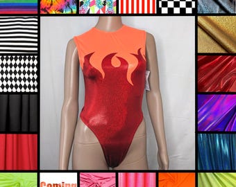 80s Fire Costume Flame Bodysuit High Cut Thong Leotard GLOW Wrestling Leotard Ladies of Wrestling Costume Rave One Piece Festival Outfit