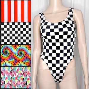 80s Thong Bodysuit High Cut Thong Leotard 80s Workout Leotard High Leg Bodysuit Festival Outfit Stripper One piece Circus Stripe Checkered