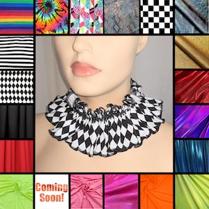 May include: A ruffled neck collar featuring a black and white diamond harlequin pattern. The collar is worn around the neck of a mannequin. The surrounding image grid displays various fabric swatches in colors including rainbow, gold, red, and blue.