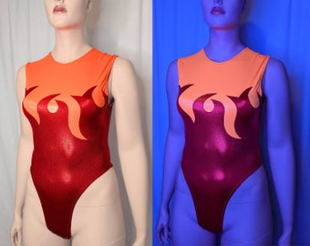 80s Fire Costume Flame Bodysuit High Cut Thong Leotard GLOW Wrestling Leotard Ladies of Wrestling Costume Rave One Piece Festival Outfit