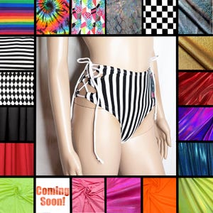 Könnte beinhalten: Hoch taillierter Bikini-Slip mit schwarz-weißen Streifen und weißen Schnürseiten. Das Bild zeigt auch Stoffmuster mit verschiedenen Mustern und Farben, darunter Regenbogen-, Batik- und Ananasdrucke. Die Worte "Coming Soon!" sind ebenfalls sichtbar.