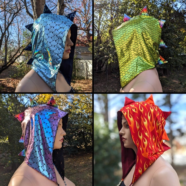 Dragonscale Hood Set Dragon Festival Hood Fingerless Gloves Mermaid Scale Oil Slick Purple Iridescent Blue Shattered Glass Green Rave Hood