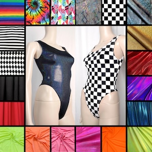 May include: Two sleeveless leotards displayed on mannequins, one in a solid black holographic fabric and the other in a black and white checkered pattern. The image is surrounded by a grid of various fabric swatches in colors including rainbow, neon, metallic gold, red, and blue.