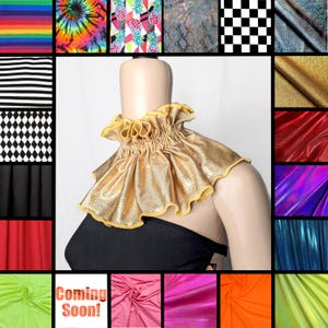 May include: A gold metallic ruffled neck collar with a gathered texture and yellow trim, displayed on a mannequin. The surrounding grid shows various fabric swatches including rainbow stripes, tie-dye, pineapple prints, and solid colors.