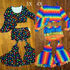 PLUS SIZE Disco Outfit 2 Piece Bell Bottom Garter Leggings Matching Flare Top Rainbow Ruffle Butt Pants Dopamine Dressing Galaxy Alien