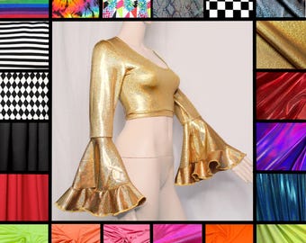 Top de manga acampanada, conjunto disco dorado, top de manga trompeta, top de manga campana estilo rave, top de los 70, top corto de manga campana, conjunto disco de los 70, disfraz de Cher, disco de los 70