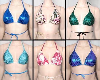 Bitty Triangle Bikini Top Festival Halter Top Oil Slick Bikini Top Stripper Tops Mermaid Bikini Rave Top Upcycled Top Metallic Tie Top