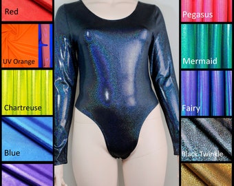 Metallic 80s Cut Bodysuit Long Sleeved Leotard High Cut Thong Iridescent Leotard Festival One Piece Metallic Black Twinkle Gold Sparkle