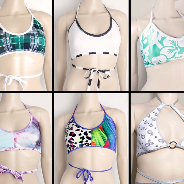 Scoop Neckline Festival Crop Top Halter Top Bra Rave Top Pole Dance Tops Cat Print Shiny Top Bikini Edc Gear Spandex Bra Rainbow Bralette