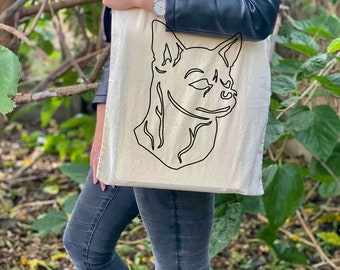 Chihuahua tote bag, dog shoulder bag, dog lover bag, cotton dog bag, line art tote, gift, Christmas, merchandise