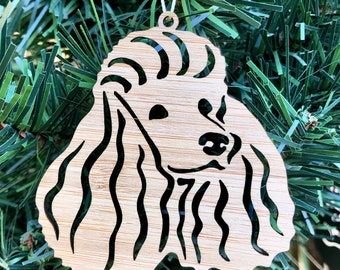 Poodle dog bamboo wood christmas ornament, poodle dog face tree ornament, xmas hanging decoration