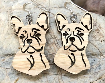 French Bulldog dog drop earrings, dog earrings, dog lover jewelry, dog gift, french bulldog jewelry, pet, lasercut, Christmas