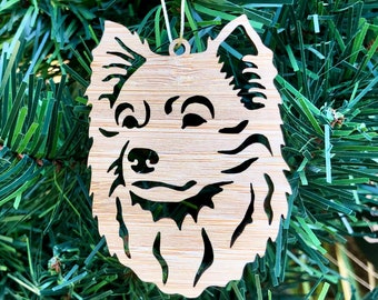 Keeshond dog bamboo wood christmas ornament, keeshond dog face tree ornament, xmas hanging decoration