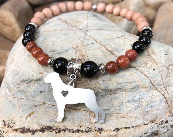 Featured listing image: Rottweiler dog mala gemstone bracelet - dog themed jewelry - rottweiler jewellery - animal