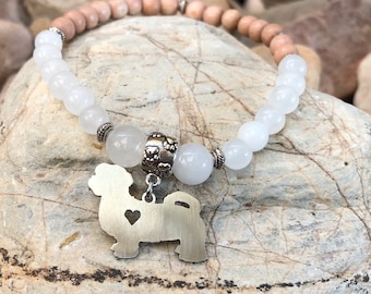 Maltese dog mala gemstone bracelet, maltese jewelry, dog jewellery, dog bracelet, dog gift, dog lover, gemstone bracelet, Christmas, gift